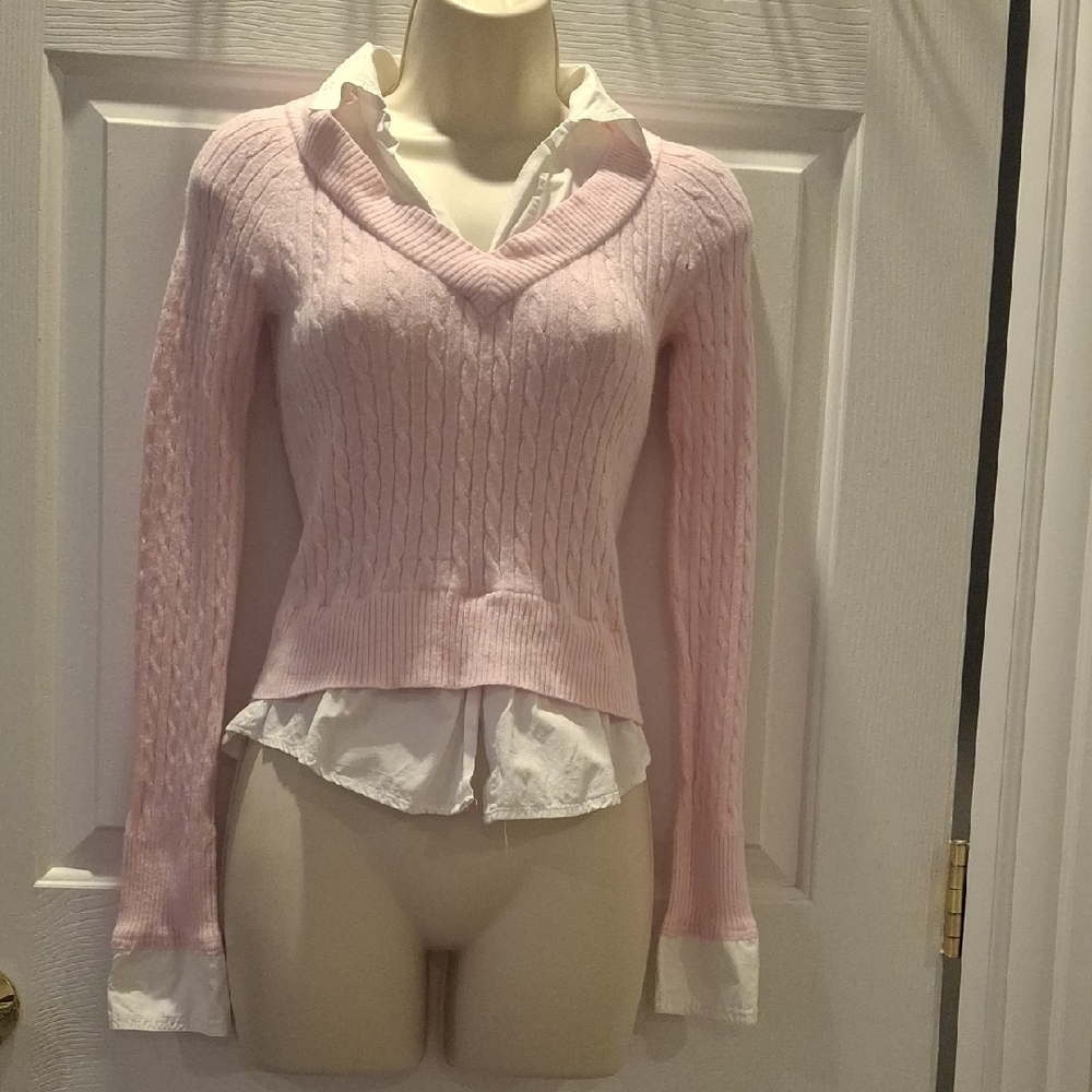 Pink Cable Knit V-Neck Sweater